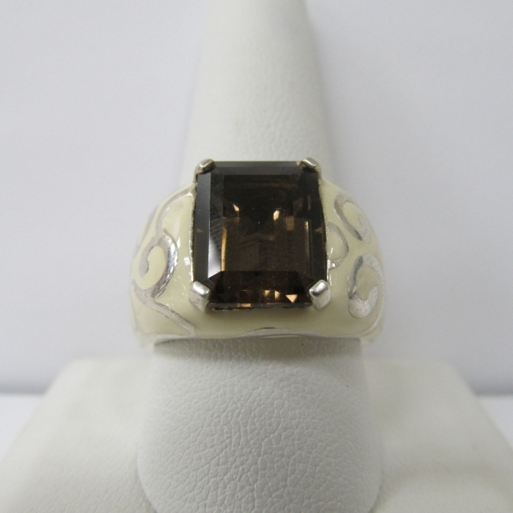 Michelle Albala sterling silver ring with a large emerald-cut smoky quartz
